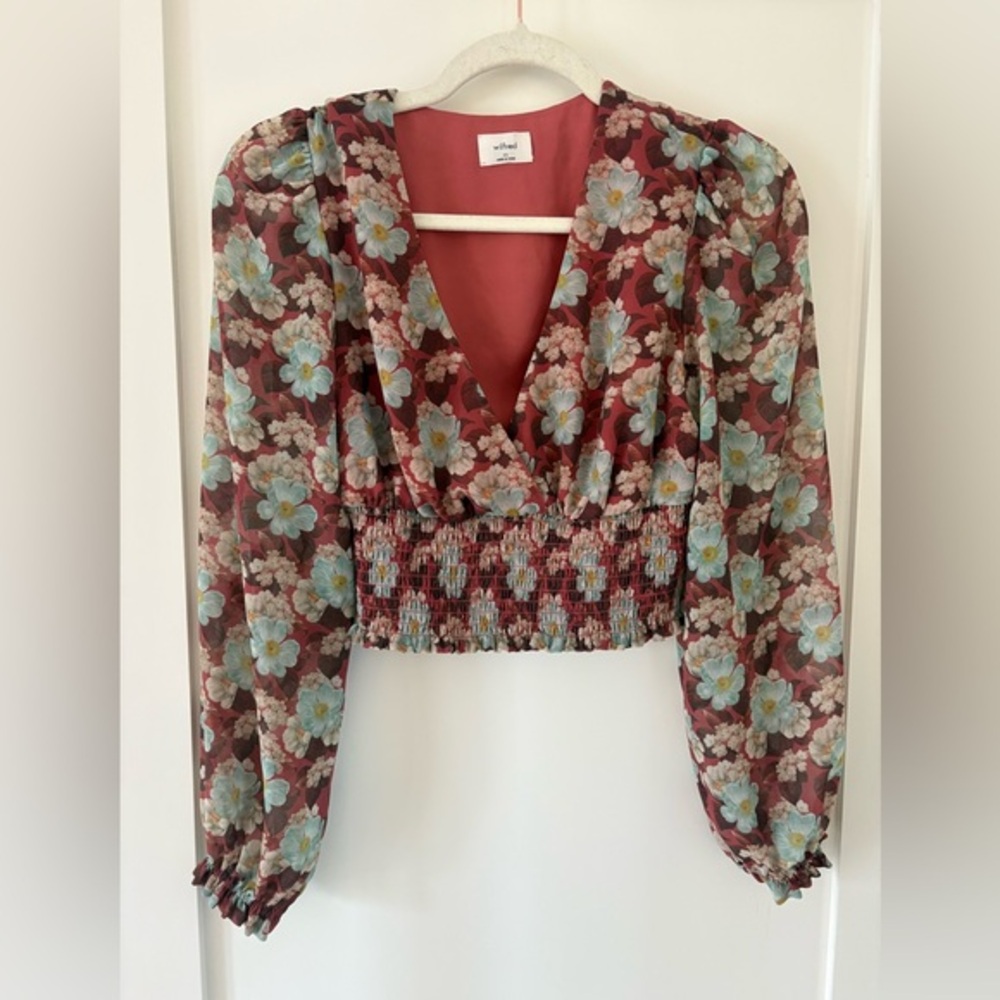 Wilfred Aritzia wistful blouse floral longsleeve v-neck smocked burgundy XS